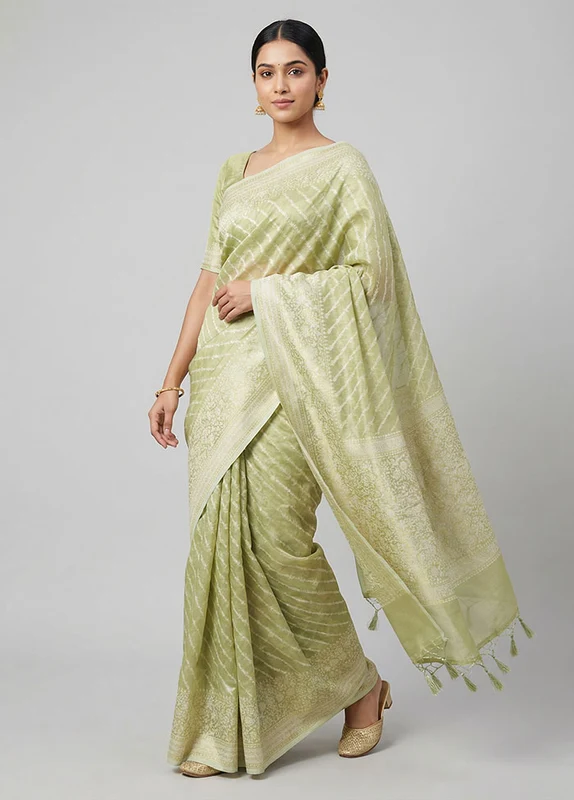 Green Tissue Silk Saree With Blouse Piece One Size