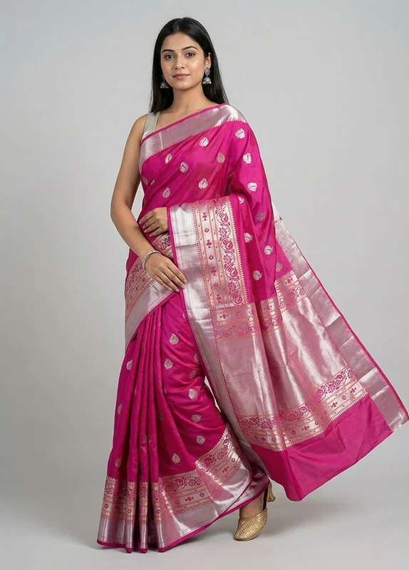 Pink Kanjivaram Silk Saree With Blouse Piece One Size