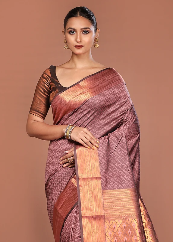 Pink Kanjivaram Silk Saree With Blouse Piece One Size