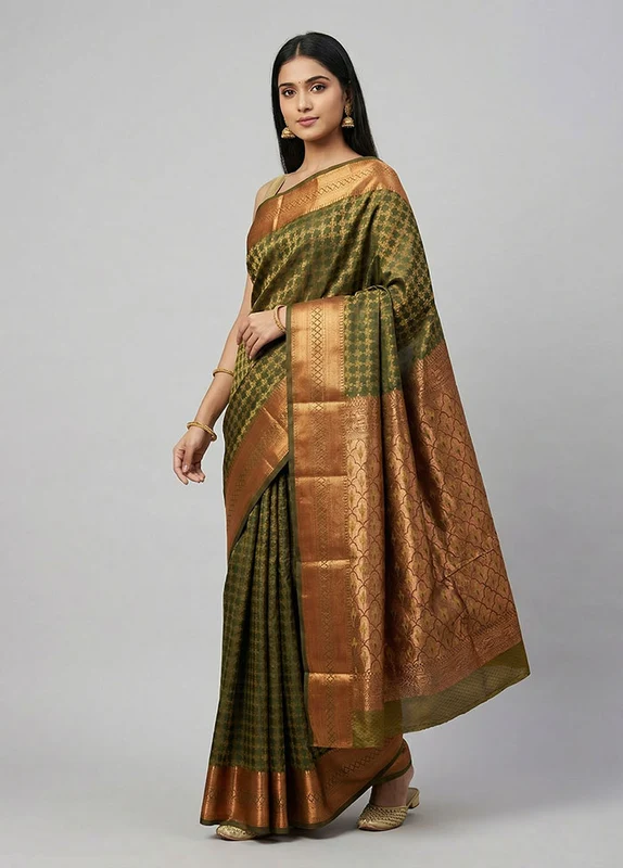 Green Kanjivaram Silk Saree With Blouse Piece One Size