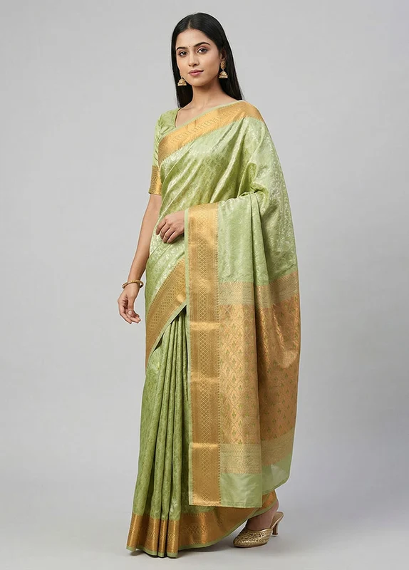 Green Kanjivaram Silk Saree With Blouse Piece One Size