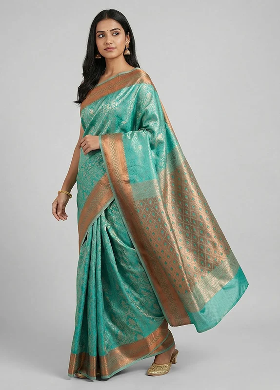 Green Kanjivaram Silk Saree With Blouse Piece One Size