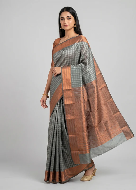 Grey Kanjivaram Silk Saree With Blouse Piece One Size