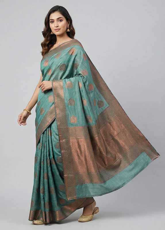 Blue Kora Silk Saree With Blouse Piece One Size