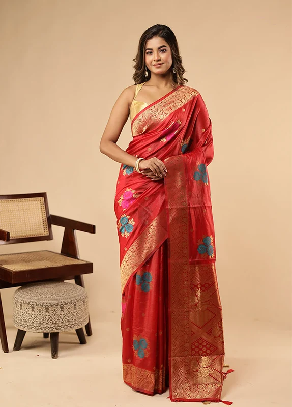 Red Dupion Silk Saree With Blouse Piece One Size