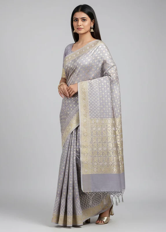 Grey Kora Silk Saree With Blouse Piece One Size