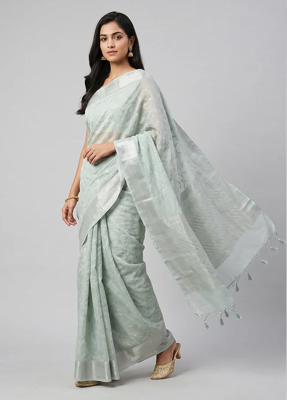 Green Pure Cotton Saree With Blouse Piece One Size