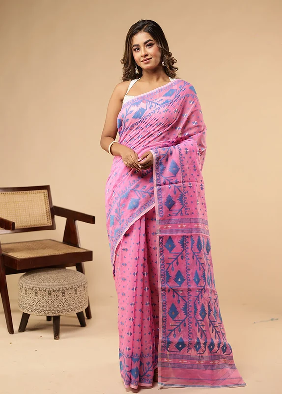 Pink Jamdani Cotton Saree Without Blouse Piece One Size