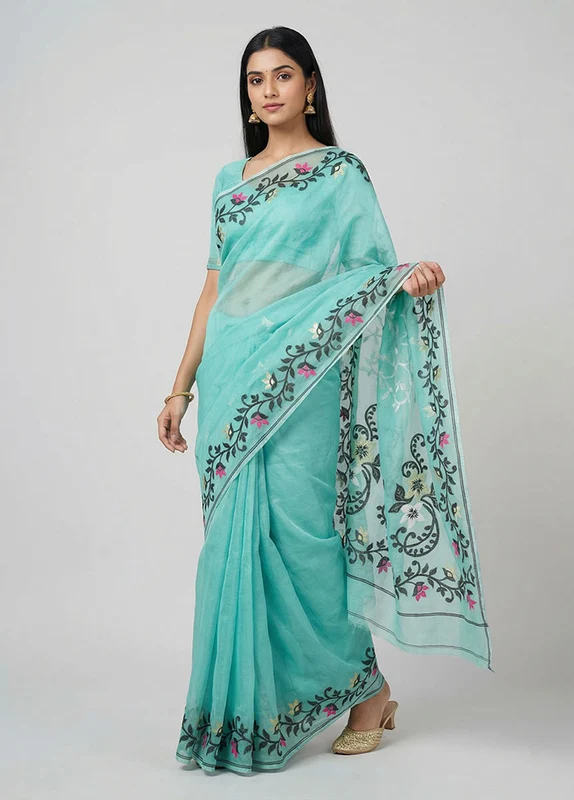 Green Jamdani Cotton Saree Without Blouse Piece One Size