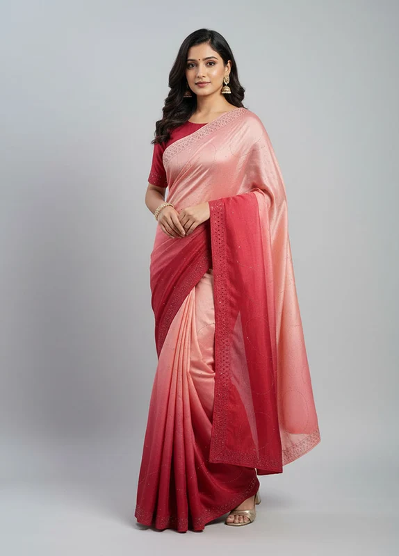 Pink Chiffon Silk Saree With Blouse Piece One Size