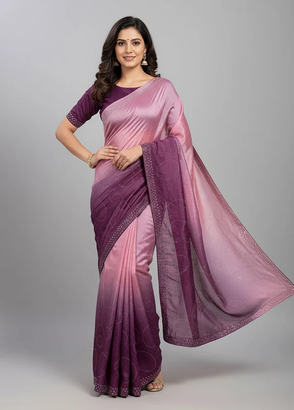 Purple Chiffon Silk Saree With Blouse Piece One Size