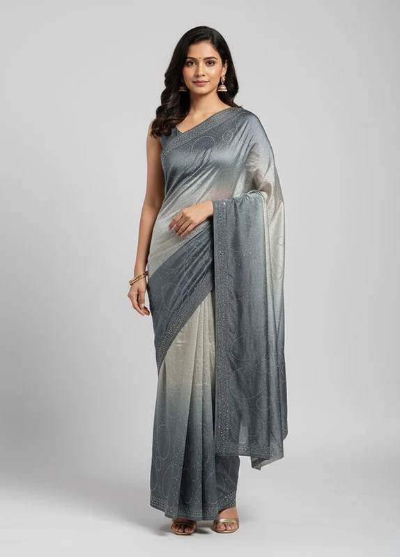 Grey Chiffon Silk Saree With Blouse Piece One Size