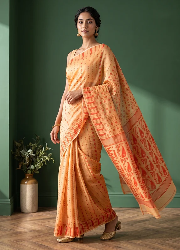 Cream Jamdani Cotton Saree Without Blouse Piece One Size