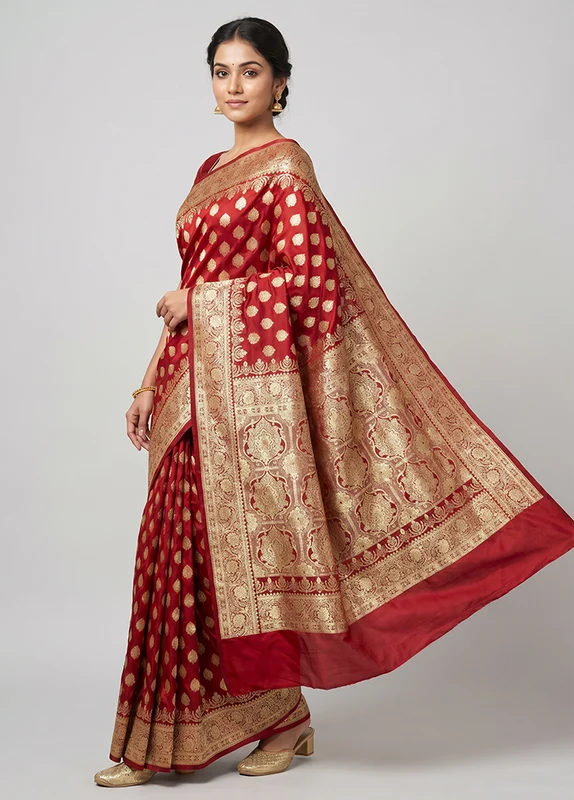 Maroon Banarasi Silk Saree With Blouse Piece One Size