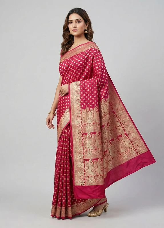 Red Handloom Banarasi Pure Silk Saree With Blouse Piece One Size