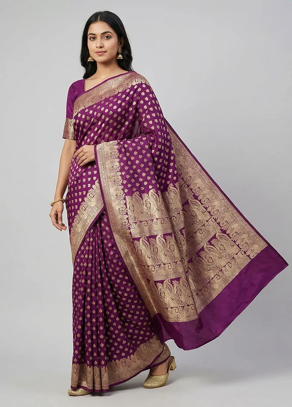 Purple Handloom Banarasi Pure Silk Saree With Blouse Piece One Size