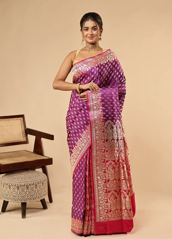 Purple Handloom Banarasi Pure Silk Saree With Blouse Piece One Size