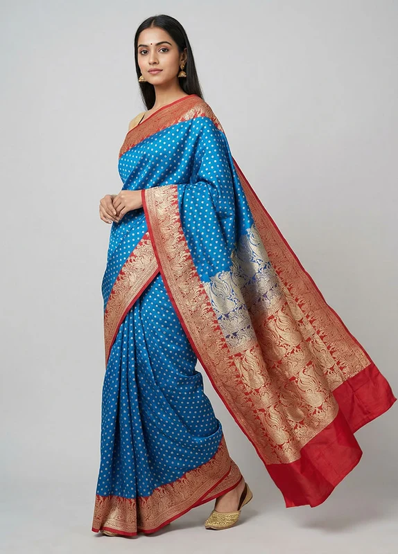 Blue Handloom Banarasi Pure Silk Saree With Blouse Piece One Size
