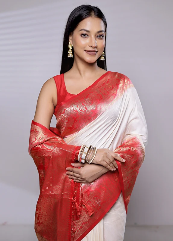 Cream Dupion Silk Saree With Blouse Piece Onesize