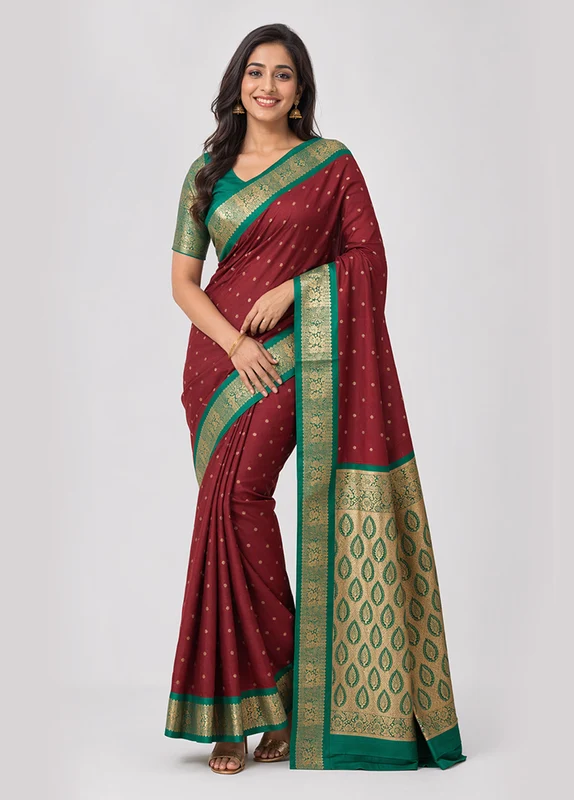 Maroon Kanjivaram Silk Saree With Blouse Piece One Size