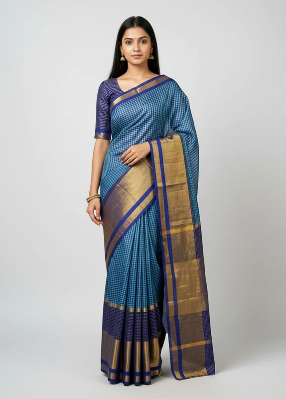 Blue Handloom Kanjivaram Pure Silk Saree With Blouse Piece One Size