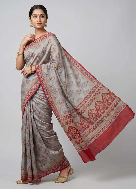 Grey Printed Silk Saree Without Blouse Piece One Size
