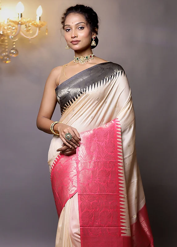 Cream Tussar Silk Saree With Blouse Piece Onesize