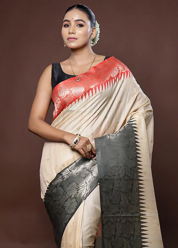 Cream Tussar Silk Saree With Blouse Piece Onesize