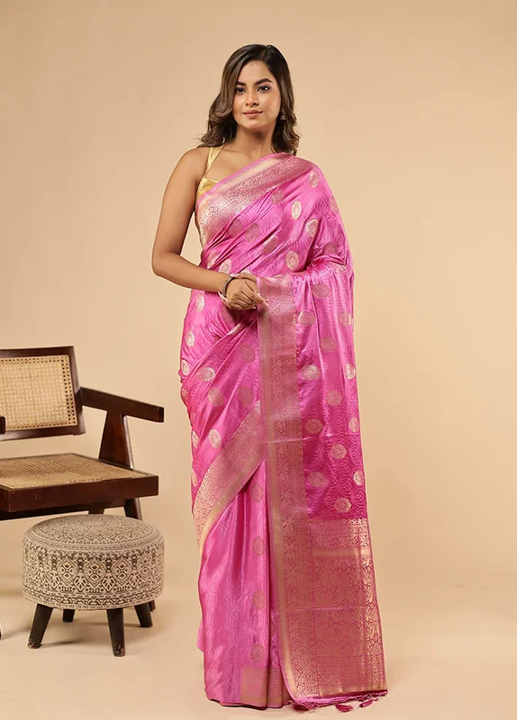 Pink Dupion Silk Saree With Blouse Piece One Size