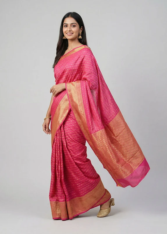 Pink Kanjivaram Silk Saree With Blouse Piece One Size