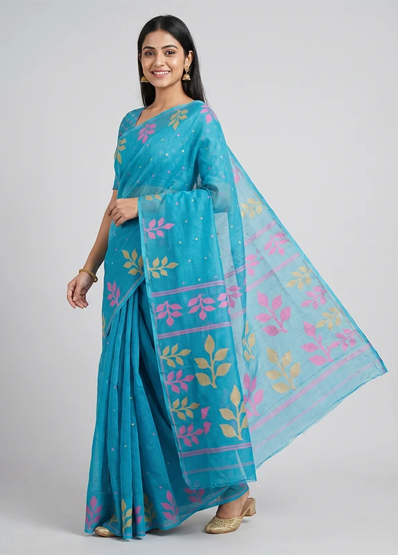Blue Khadi Cotton Saree With Blouse Piece One Size
