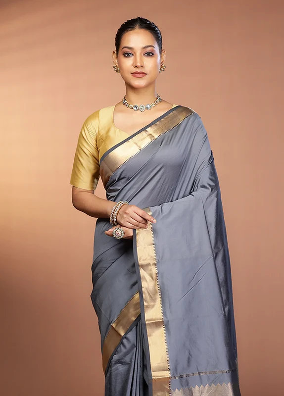 Grey Kanjivaram Silk Saree With Blouse Piece One Size