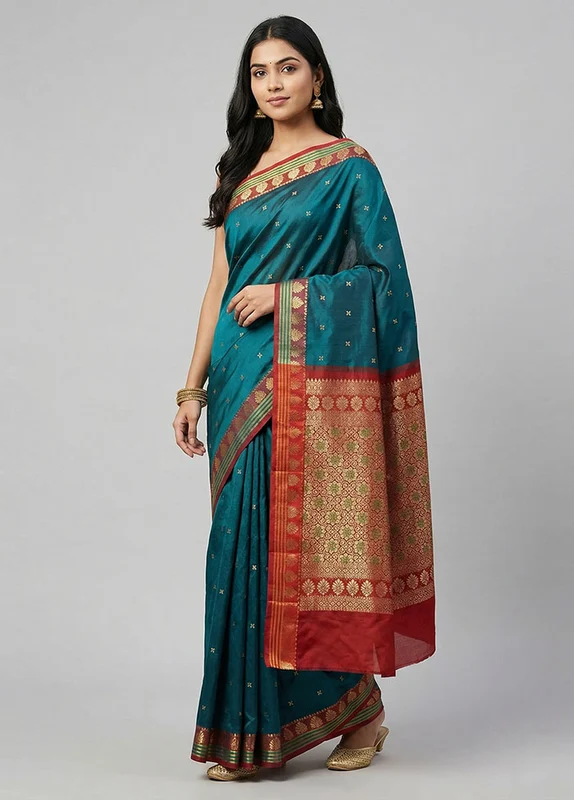 Green Kanjivaram Silk Saree With Blouse Piece One Size