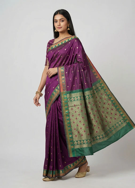 Purple Kanjivaram Silk Saree With Blouse Piece One Size
