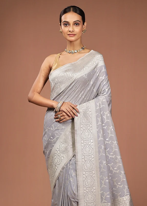 Grey Uppada Silk Saree With Blouse Piece One Size