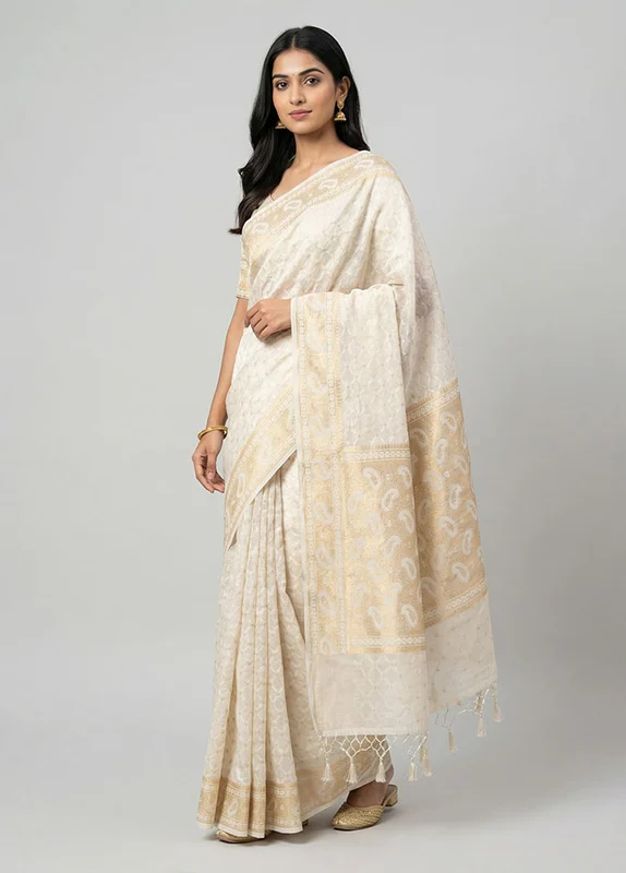 Multicolor Kora Silk Saree With Blouse Piece One Size