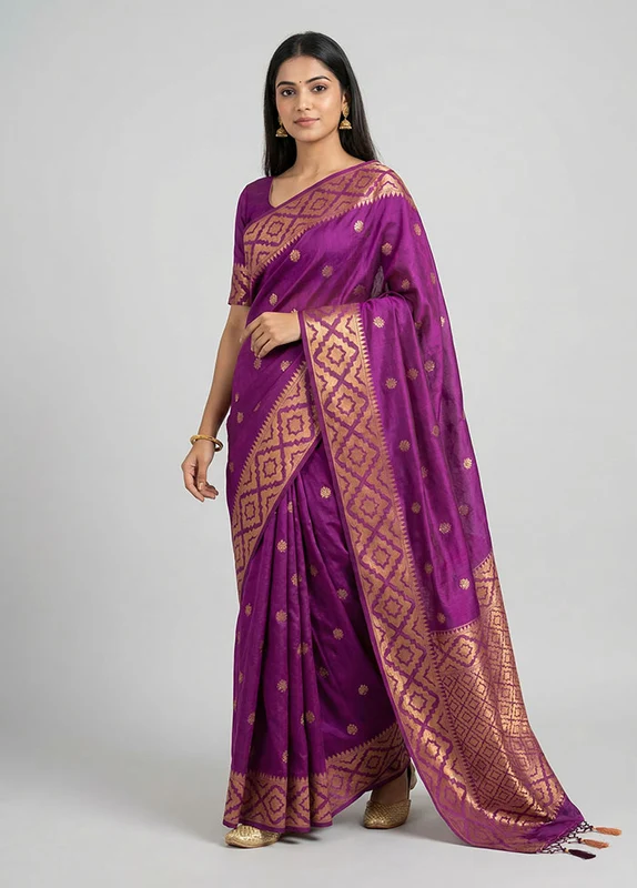 Purple Dupion Silk Saree With Blouse Piece One Size