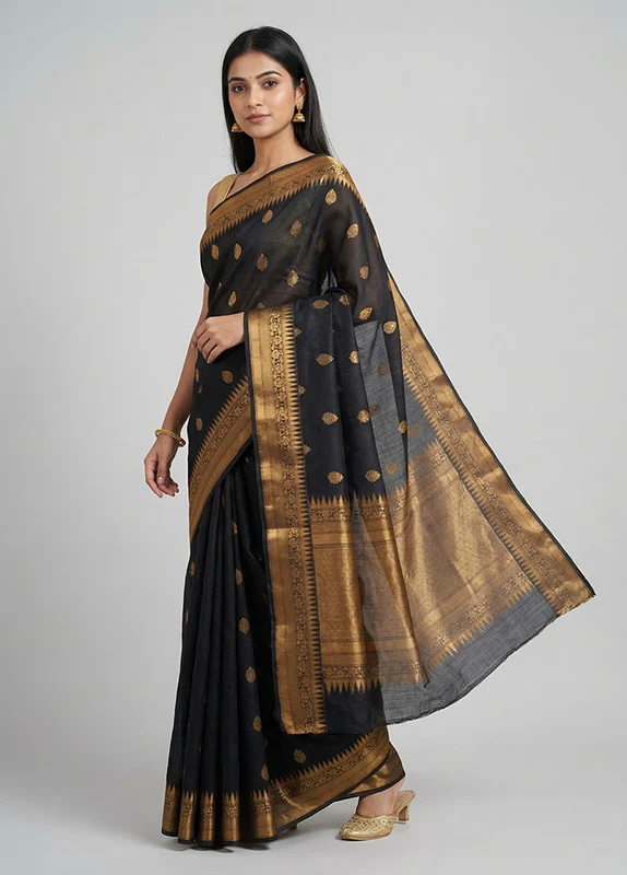 Black Dupion Silk Saree With Blouse Piece One Size