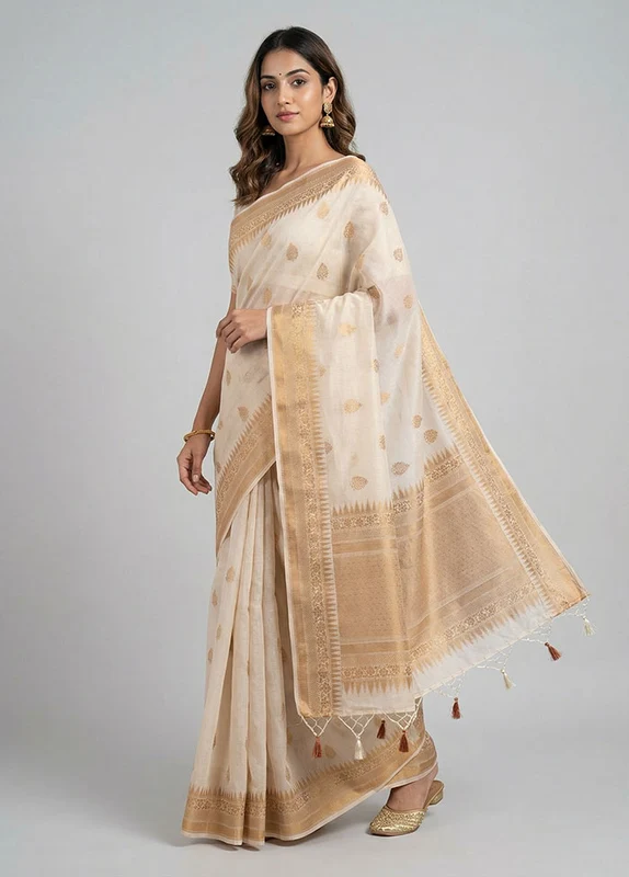 White Dupion Silk Saree With Blouse Piece One Size