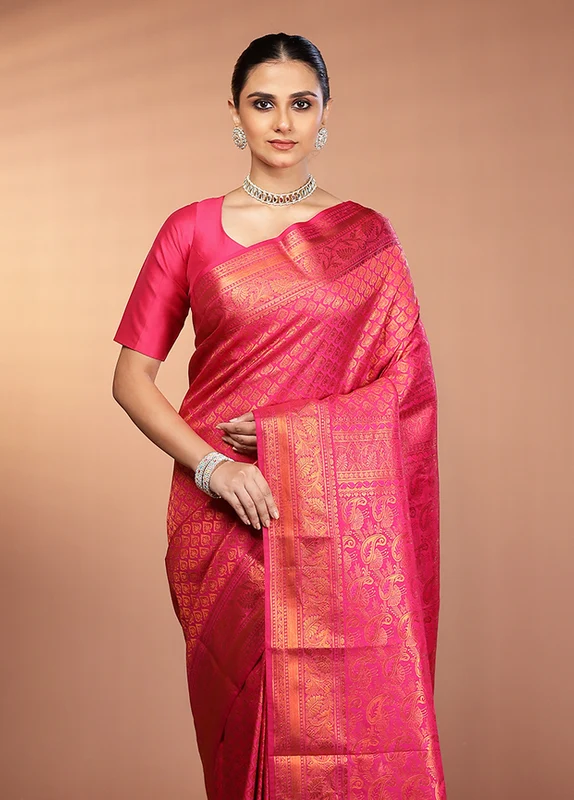 Pink Kanjivaram Silk Saree With Blouse Piece One Size