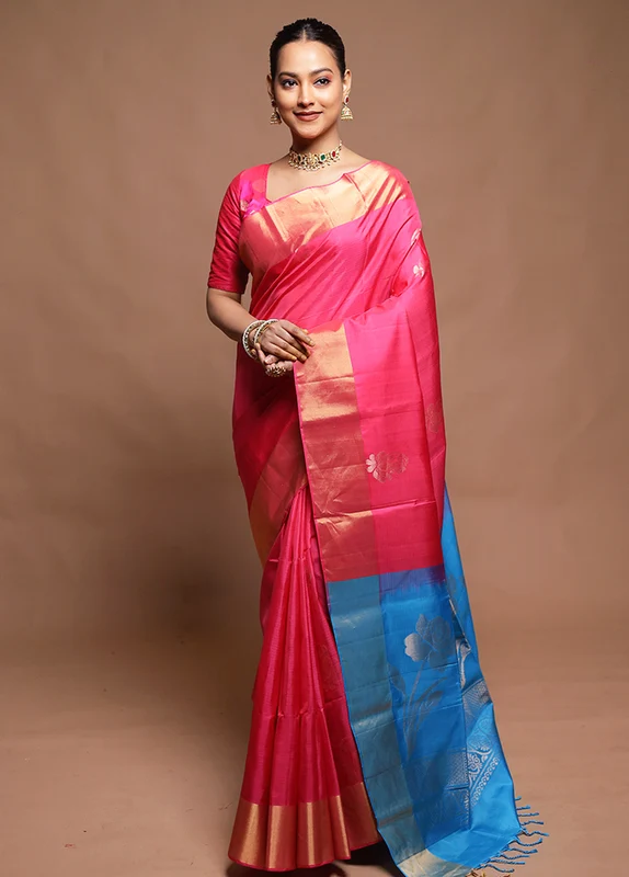 Pink Handloom Kanchipuram Pure Silk Saree With Blouse Piece Onesize
