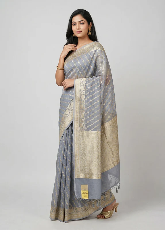 Grey Kora Silk Saree With Blouse Piece One Size
