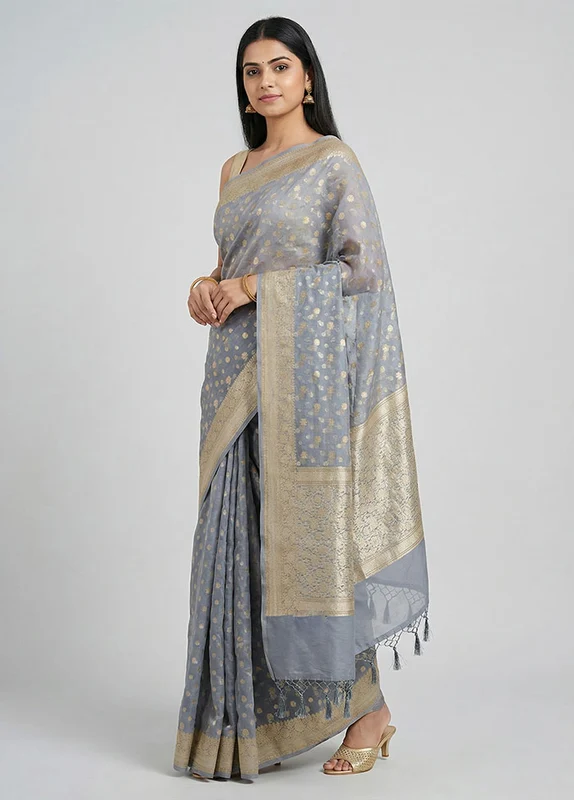 Grey Kora Silk Saree With Blouse Piece One Size