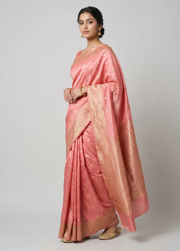 Pink Kanjivaram Silk Saree With Blouse Piece One Size