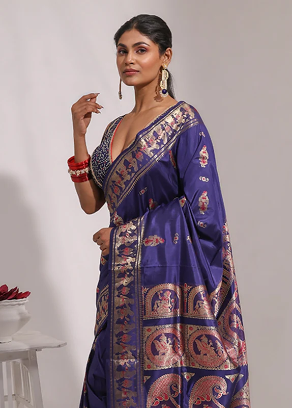 Blue Handloom Baluchari Pure Silk Saree With Blouse Piece One Size