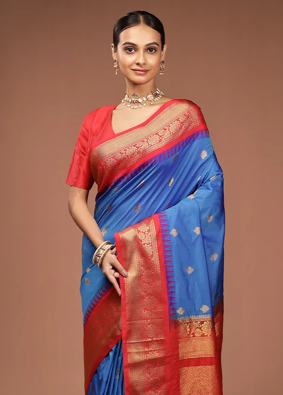 Blue Gadwal Silk Saree Without Blouse Piece One Size