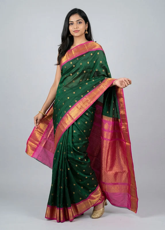 Green Gadwal Pure Silk Saree Without Blouse Piece One Size