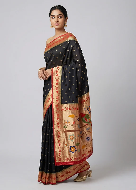 Black Dupion Silk Saree With Blouse Piece One Size