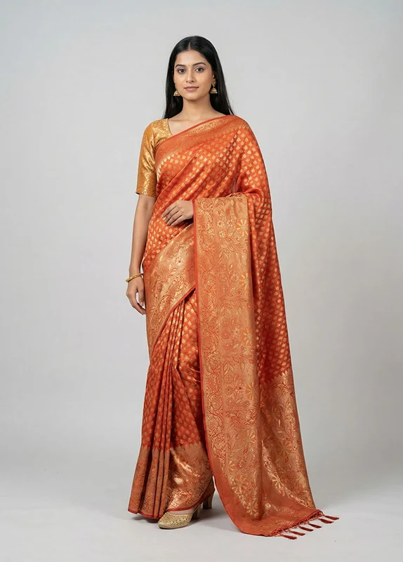 Red Dupion Silk Saree With Blouse Piece One Size
