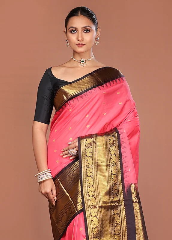 Pink Kanjivaram Silk Saree With Blouse Piece One Size